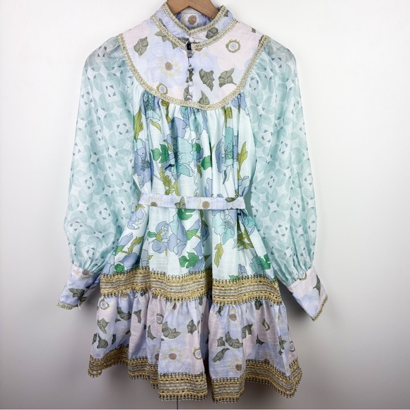 INA Rhythm Trimmed Billow Mini Dress Floral Blue Gold Puff Long Sleeve NEW Small - Picture 2 of 10